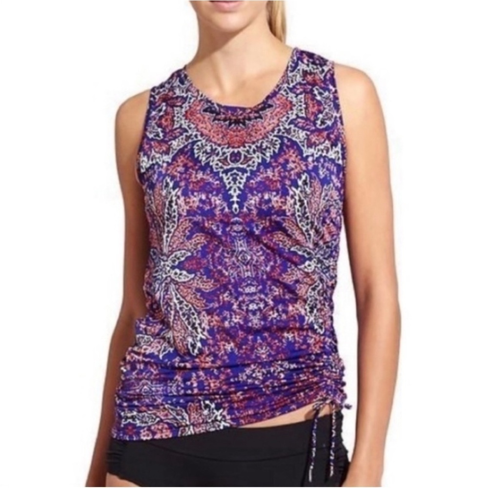 Athleta Aqualuxe Print Ruched Rashguard Swimsuit Tankini Top Purple Extra Small